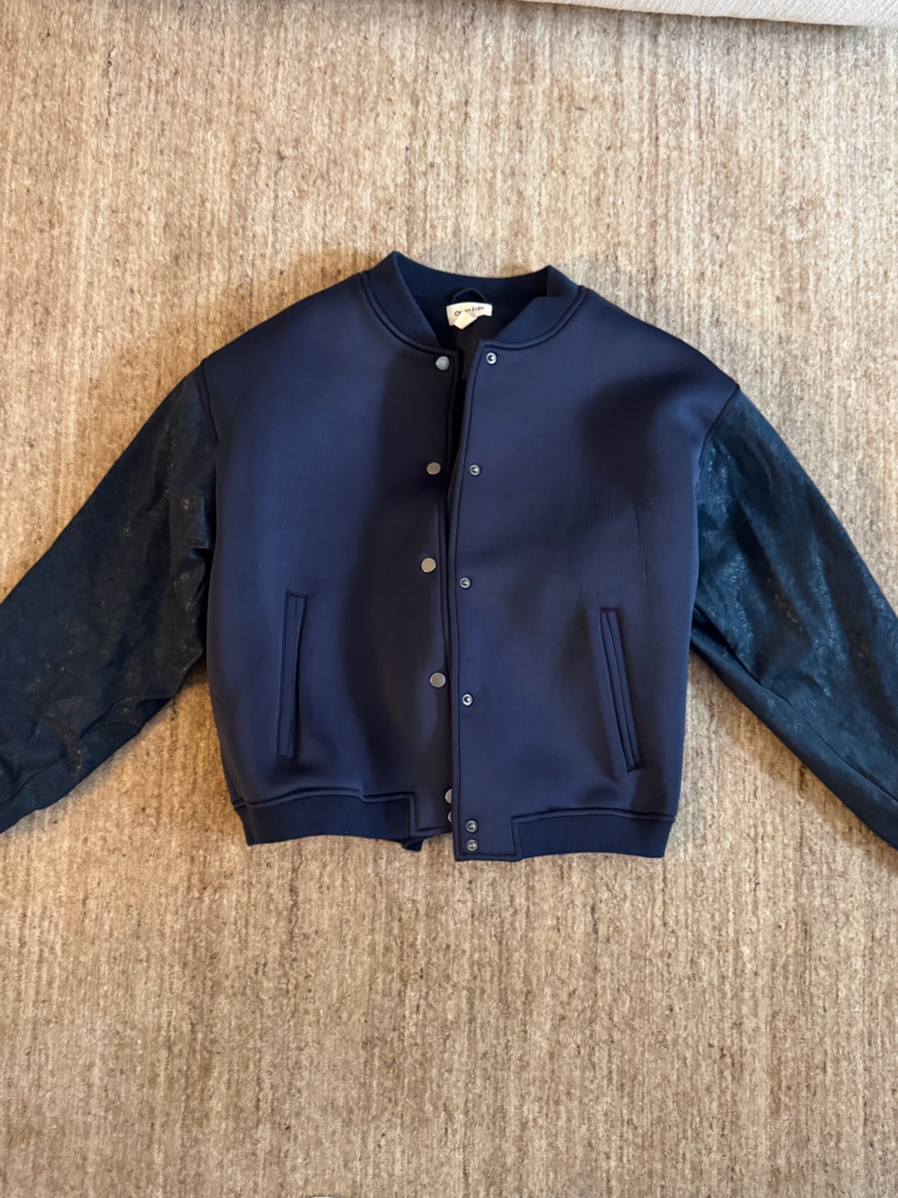 Open Edit Navy Bomber Jacket with Faux Leather Sleeves